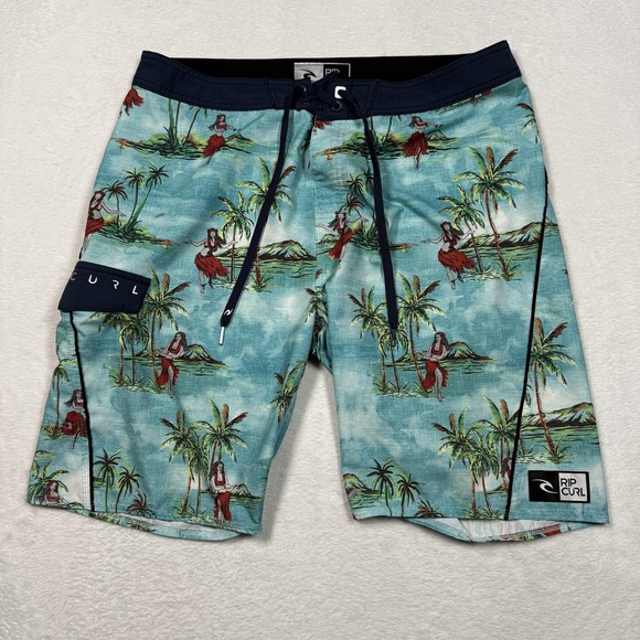 Rip Curl Shorts Mens 36 Blue Hawaiian Hula Tropical Boardshorts Swim Surf Cargo - Picture 1 of 10